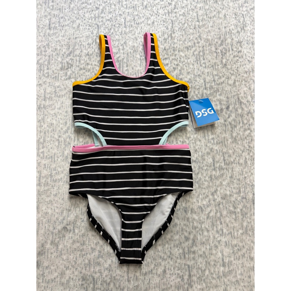 DSG Girls Sanibel Stripe One‎ Piece Swimsuit Cut Outs Black White Size S NEW